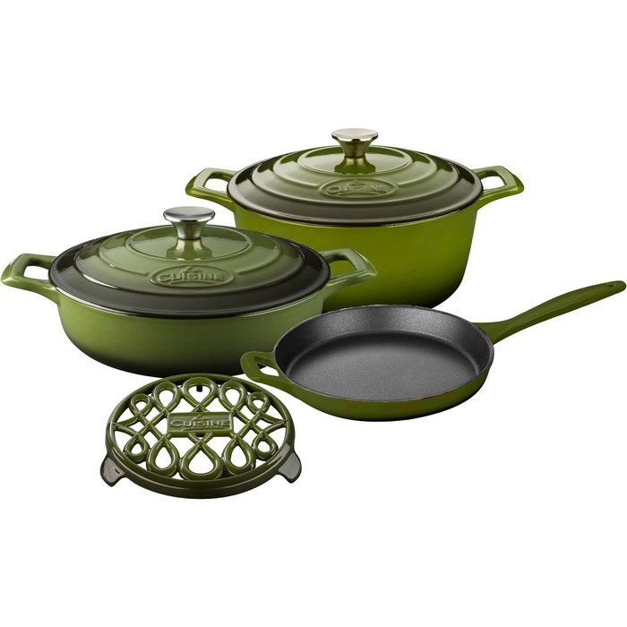 La Cuisine LC 2850MB 6 Piece Pro Enameled Cast Iron Round Casserole/Trivet Cookware Set, Olive Green