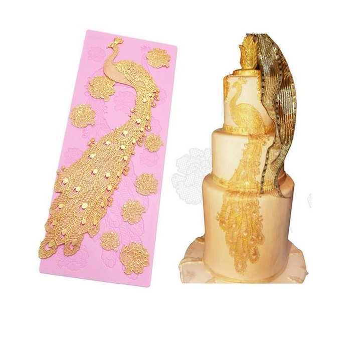 Peacock Cake Lace Mat Silicone Mold Cake Decorating Supplies Pink Color N3