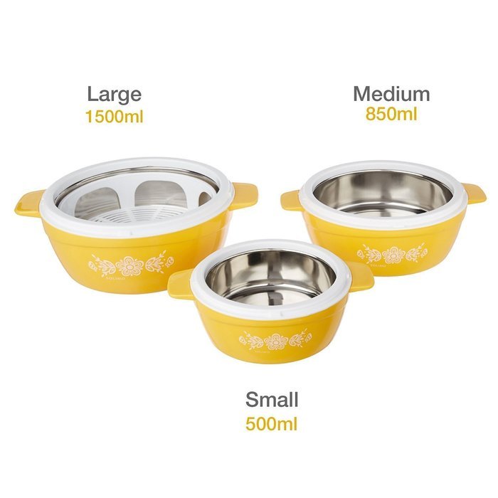 Solimo Regal Insulated Casseroles Set with Roti Basket, 3-Piece Cassrolle (Yellow) N3