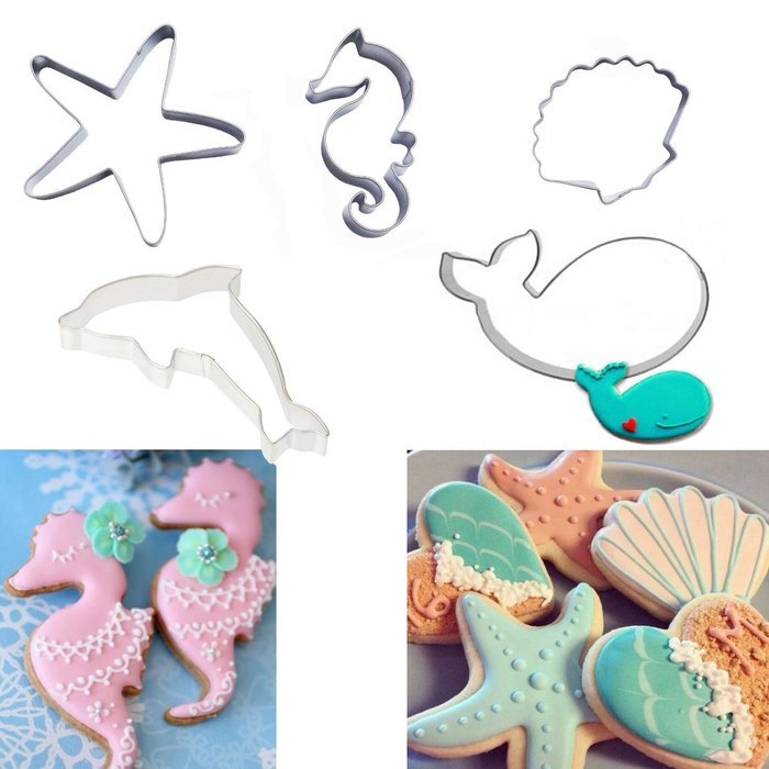 Cookie Cutter, Kootips 5 Pcs/set Starfish Shell Hippocampus Dolphin Whale Shape Stainless Steel Cookie Cutter...