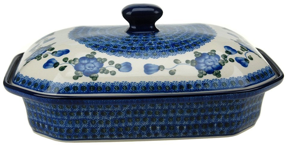 Ceramika Artystyczna Polish Handmade Baking Dish with Lid - 12" x 9.5" x 5" (Blue Blossoms)
