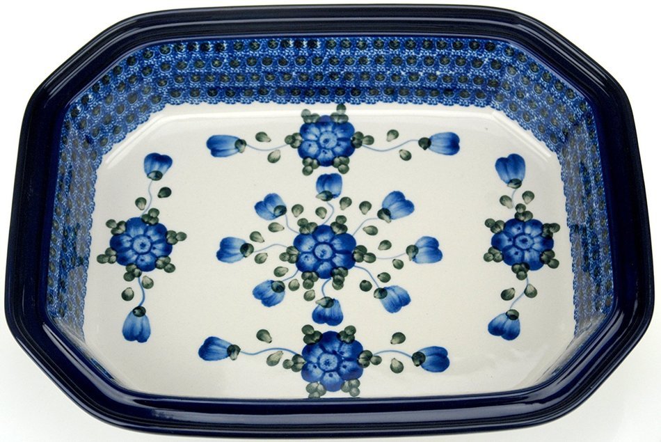 Ceramika Artystyczna Polish Handmade Baking Dish with Lid - 12" x 9.5" x 5" (Blue Blossoms) N2