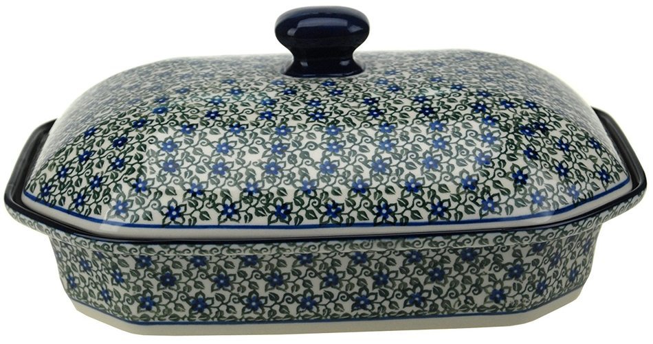 Ceramika Artystyczna Polish Handmade Baking Dish with Lid - 12" x 9.5" x 5" (Blue Blossoms) N4