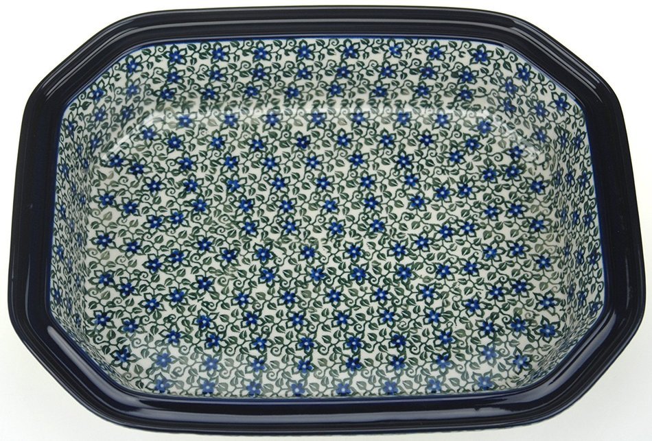 Ceramika Artystyczna Polish Handmade Baking Dish with Lid - 12" x 9.5" x 5" (Blue Blossoms) N5