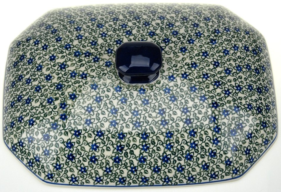 Ceramika Artystyczna Polish Handmade Baking Dish with Lid - 12" x 9.5" x 5" (Blue Blossoms) N6