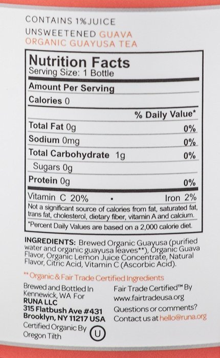 Runa Clean Energy Organic Guayusa Tea, Guava Unsweetened, 16.9 Ounce (Pack of 12) N2