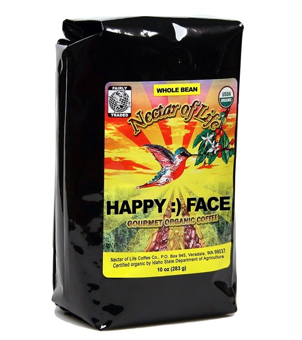 Happy Face - Whole Bean Organic Coffee by Nectar of Life - Dark Roast Coffee with Smoky Toasty Flavors - Blend...