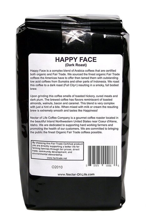 Happy Face - Whole Bean Organic Coffee by Nectar of Life - Dark Roast Coffee with Smoky Toasty Flavors - Blend... N4