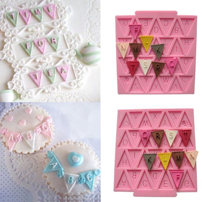 Pink Letter Flag Bunting Silicone Fondant Mold Cake Decorating Chocolate Mould Baking N3