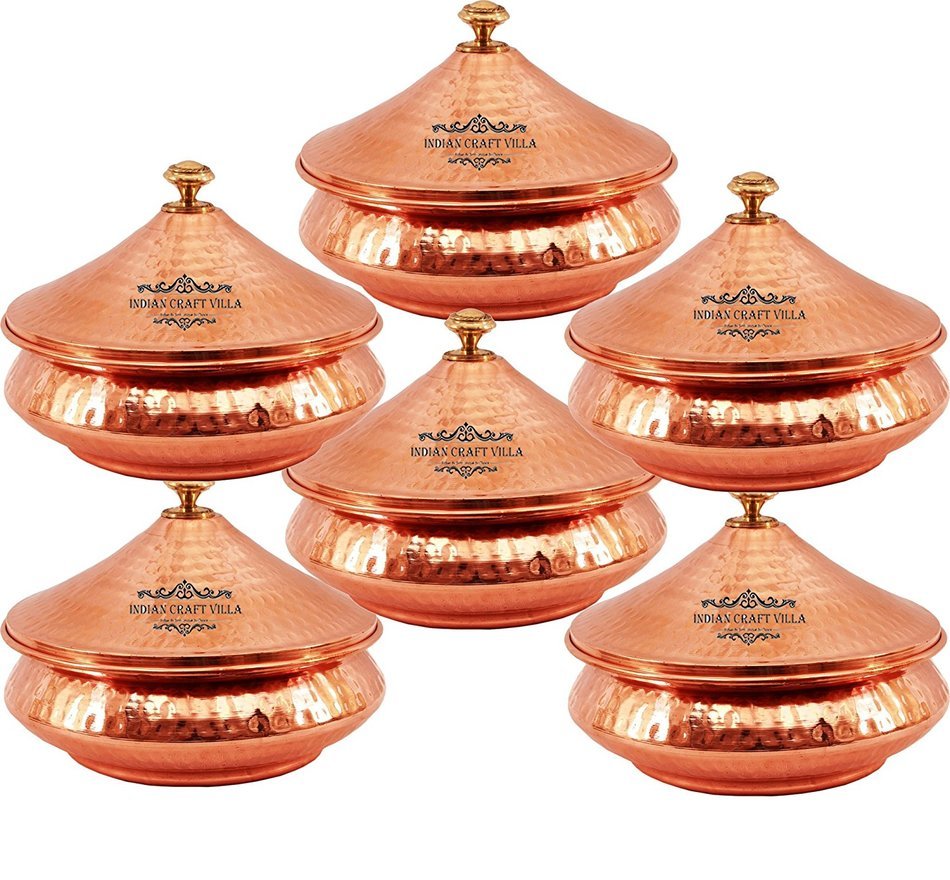 IndianCraftVilla 5.3" X 5.8" X 2.3" Handmade Steel Copper Set Of 6 Mughlai handi Volume 525 ML With Lid serving...