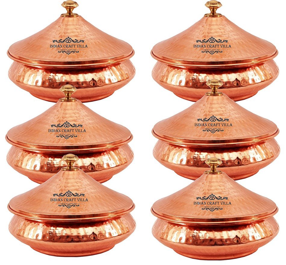 IndianCraftVilla 5.3" X 5.8" X 2.3" Handmade Steel Copper Set Of 6 Mughlai handi Volume 525 ML With Lid serving... N2