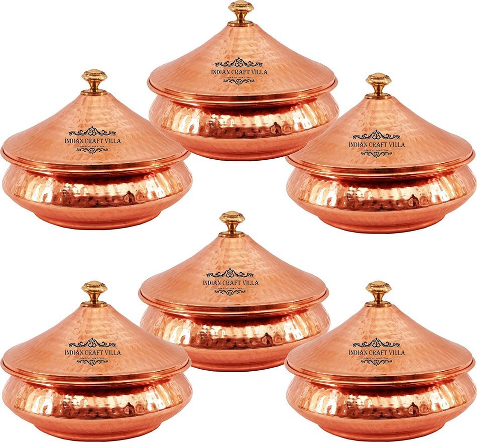 IndianCraftVilla 5.3" X 5.8" X 2.3" Handmade Steel Copper Set Of 6 Mughlai handi Volume 525 ML With Lid serving... N3