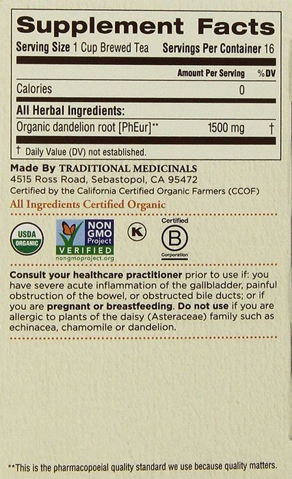 Traditional Medicinals Organic Roasted Dandelion Root Herbal Tea 2-Pack;32 Count. N4