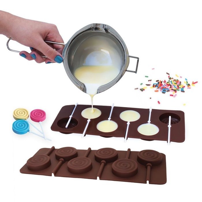 Stainless Steel Chocolate Melting Pot + Silicone Lollipop Mold With Sticks.