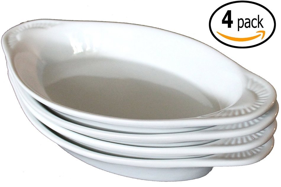 CAC Ceramic Oval Rarebit / Au Gratin Baking Dish with Pan Scraper, Set of 4, Pure White (15 Ounce)