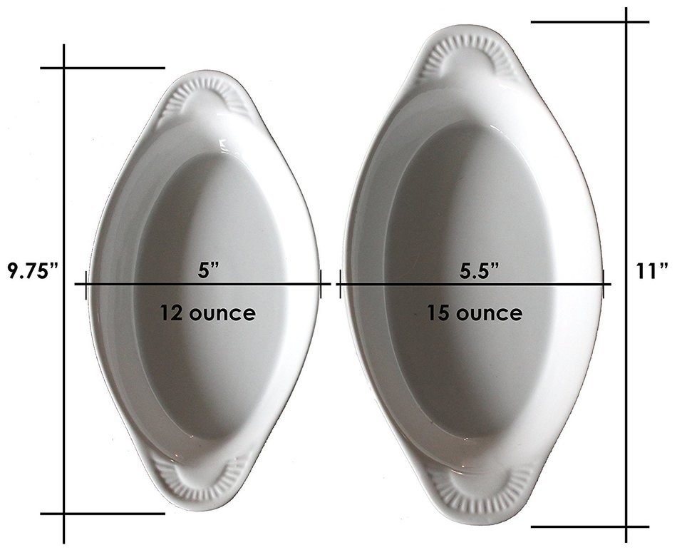 CAC Ceramic Oval Rarebit / Au Gratin Baking Dish with Pan Scraper, Set of 4, Pure White (15 Ounce) N3