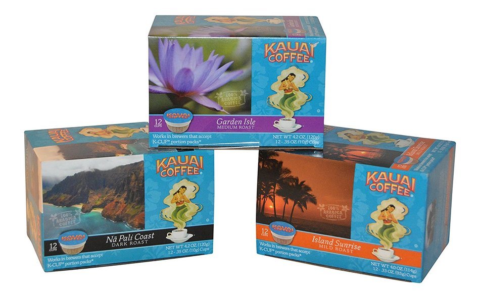 Kauai Coffee Variety (Pack of 3) 12 Single Serve Cups, 4.2 Oz. 1 - Garden Isle, 1 Island Sunrise, 1 Nai Pali Coast.