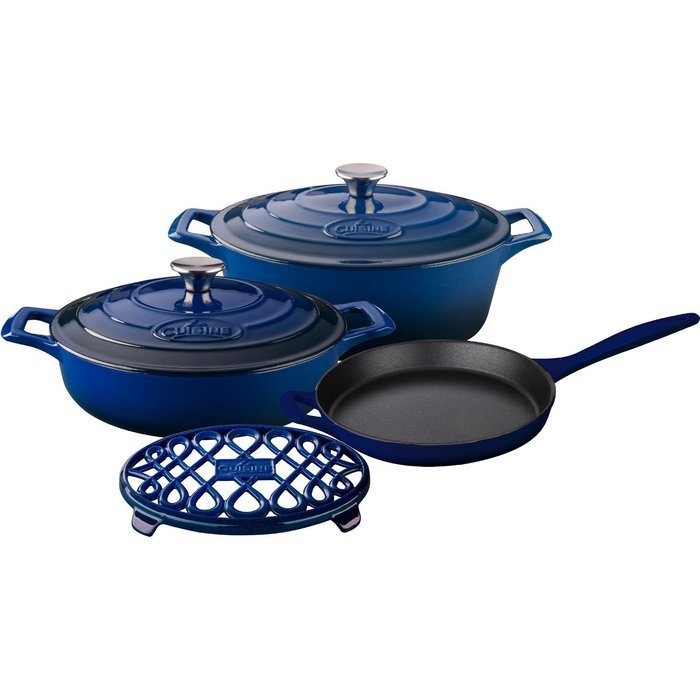 La Cuisine LC 2970MB 6 Piece Pro Enameled Cast Iron Oval Casserole/Trivet Cookware Set, Ultramarine Blue