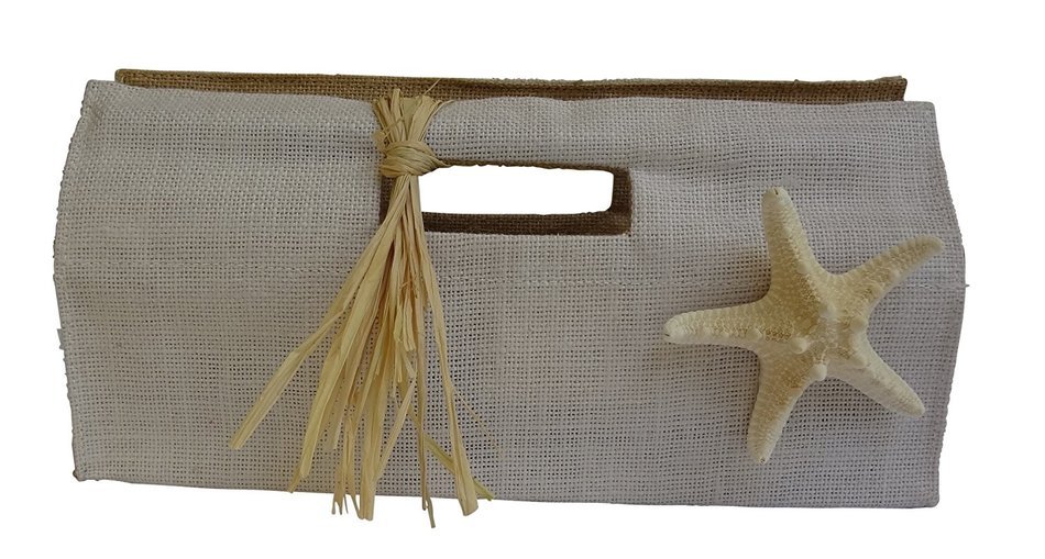 Beach Dining WBB-BL-CS-SF-05 Wine Bottle Bag - Clutch Style, Burlap with Natural Starfish