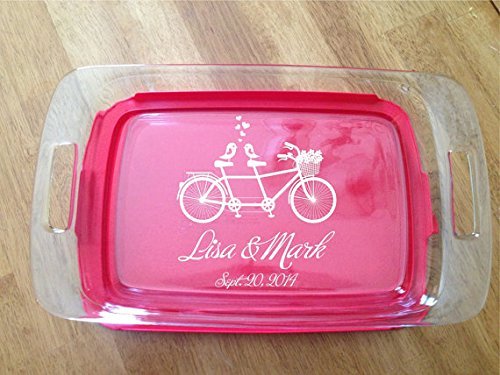 Personalized Pyrex Dish 7 X 11 Birds on Bike Wedding Anniversary W/lid Gift