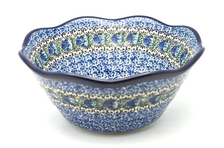 Polish Pottery Bowl - Curvy Edge - 8" - Peacock Feather
