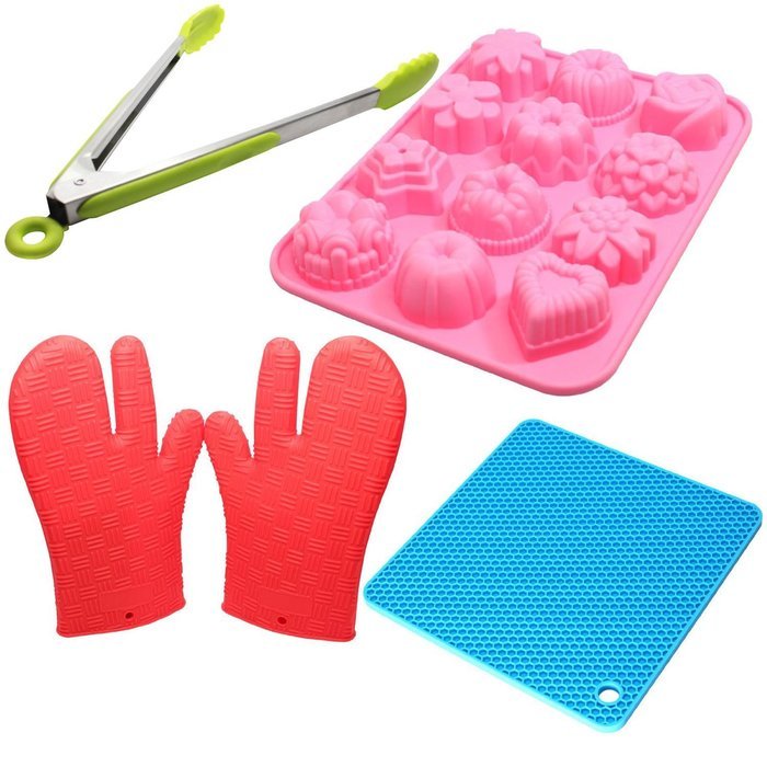 Silicone Baking Set - Silicone Candy Molds, Silicone Spoon Rest, Silicone Grill Gloves & Silicone Tongs - 12 Cavity...
