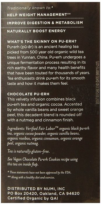 Numi Organic Chocolate Pu-erh Tea, Full Leaf Black Pu-erh Tea, 16 Count Tea Bags N2
