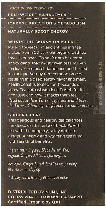 Numi Organic Chocolate Pu-erh Tea, Full Leaf Black Pu-erh Tea, 16 Count Tea Bags N8