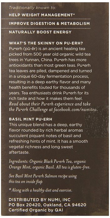 Numi Organic Chocolate Pu-erh Tea, Full Leaf Black Pu-erh Tea, 16 Count Tea Bags N15