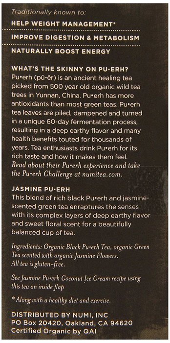 Numi Organic Chocolate Pu-erh Tea, Full Leaf Black Pu-erh Tea, 16 Count Tea Bags N24