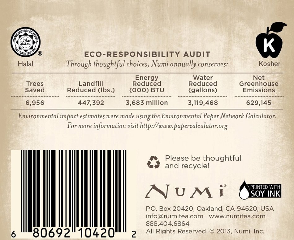 Numi Organic Chocolate Pu-erh Tea, Full Leaf Black Pu-erh Tea, 16 Count Tea Bags N26