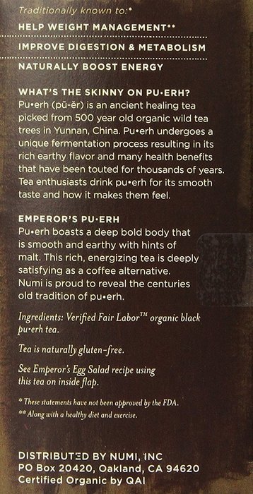 Numi Organic Chocolate Pu-erh Tea, Full Leaf Black Pu-erh Tea, 16 Count Tea Bags N28