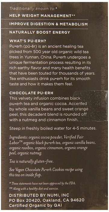 Numi Organic Chocolate Pu-erh Tea, Full Leaf Black Pu-erh Tea, 16 Count Tea Bags N39