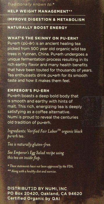 Numi Organic Chocolate Pu-erh Tea, Full Leaf Black Pu-erh Tea, 16 Count Tea Bags N46