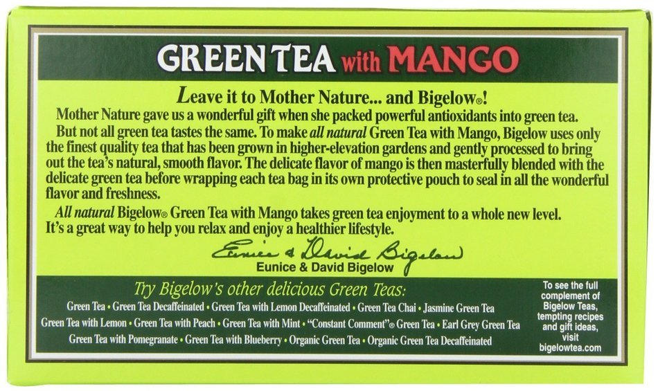 Bigelow Green Tea with Mango, 20-Count Boxes (Pack of 6)