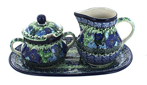 Polish Pottery Sapphire Fields Large Cream & Sugar Set with Tray