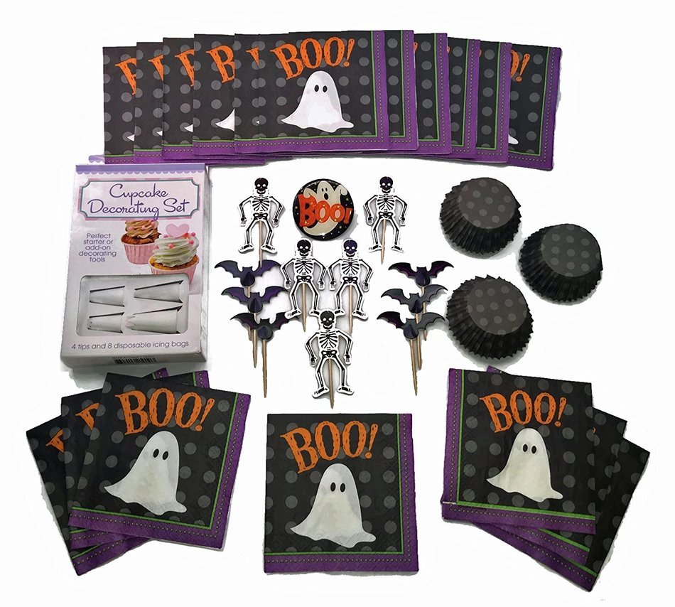 Halloween Cupcake Bundle 3pc Bundled Set including toppers, picks, liners, napkins with Bonus Ghost Light-up Pin...