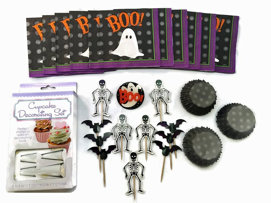 Halloween Cupcake Bundle 3pc Bundled Set including toppers, picks, liners, napkins with Bonus Ghost Light-up Pin... N3