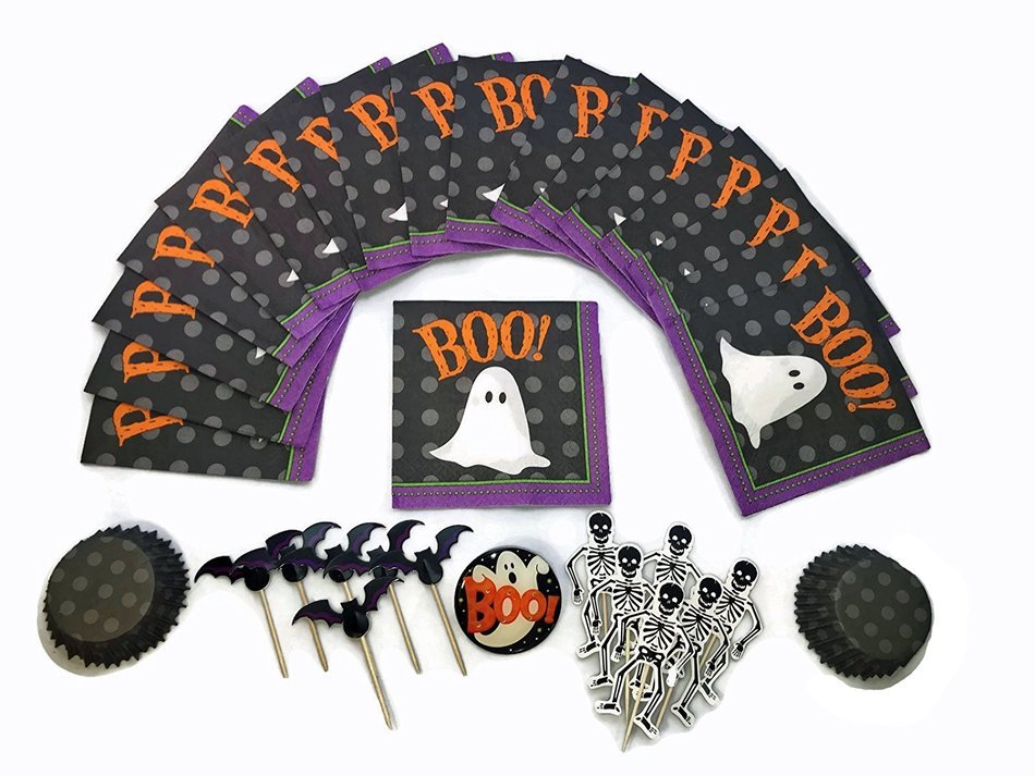 Halloween Cupcake Bundle 3pc Bundled Set including toppers, picks, liners, napkins with Bonus Ghost Light-up Pin... N4