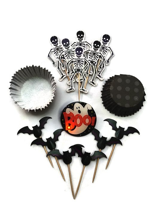 Halloween Cupcake Bundle 3pc Bundled Set including toppers, picks, liners, napkins with Bonus Ghost Light-up Pin... N5