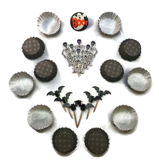 Halloween Cupcake Bundle 3pc Bundled Set including toppers, picks, liners, napkins with Bonus Ghost Light-up Pin... N6