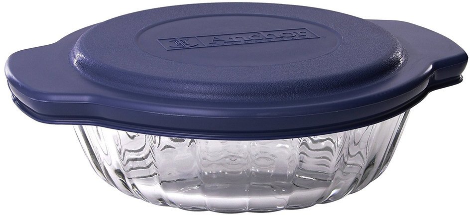 Anchor Hocking 3-Piece 2-Quart Sculpted Baking Dish with Slate Blue Plastic Lid and Blue Tote.