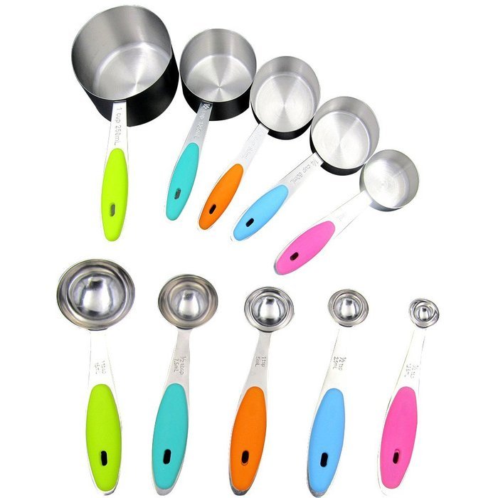A.B Crew 10 pcs Stainless Steel Colorful Silicone Handles Kitchen Accurate Measuring Spoons Cups for for Cooking...