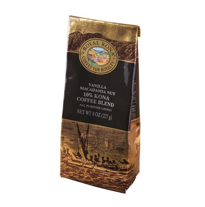 Royal Kona - Vanilla Macadamia Nut - 10% Kona Coffee Blend - All Purpose Grind - 8 Oz. Bag