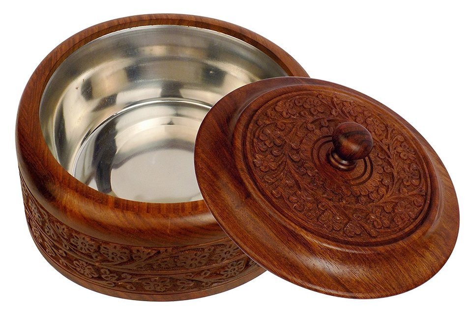 DIWALI OFFER Crafts'man 7.5 Inch (Big Size)Crafts'man Handcrafted Wooden Chapati Box with Stainless Steel N3
