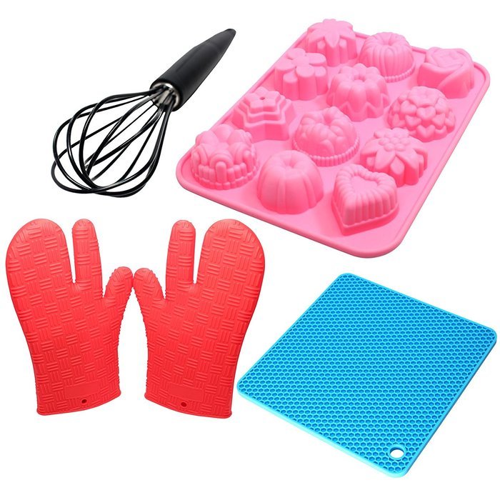 Food Grade Silicone Bakeware Set - Silicone Cupcake Molds, Silicone Pot Holder, Silicone Gloves & Silicone Whisk...