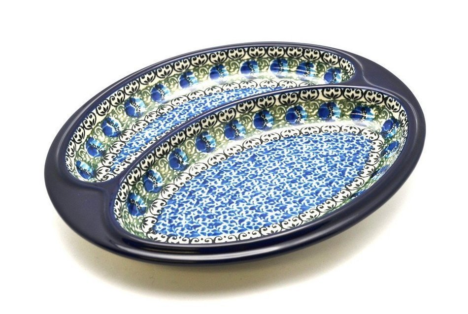 Polish Pottery Dish - Divided Polish Sausage - Peacock Feather