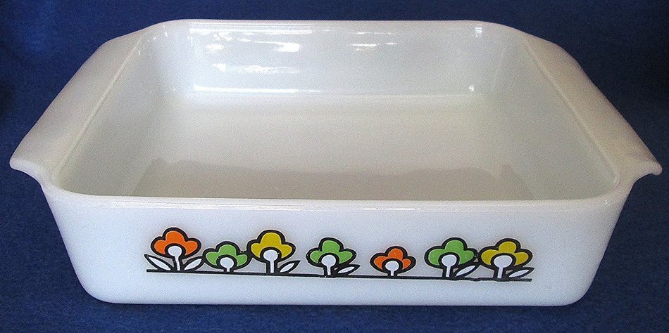 Anchor Hocking Fire King 8 Inch Square Baking Dish with Mulit-Colored Flowers