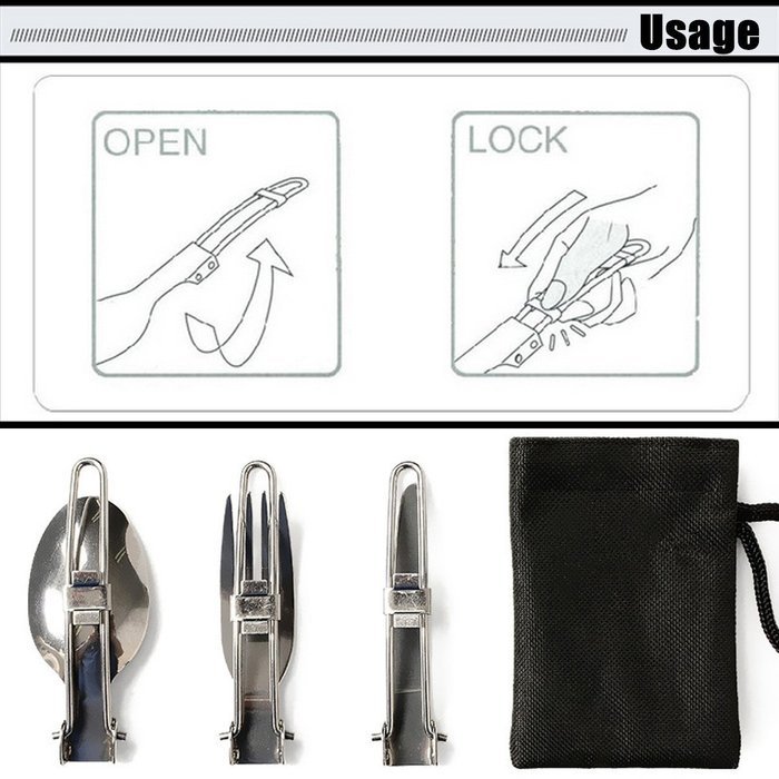 BBQ Camping Hiking Picnic Folding Cutlery Set Knife Fork Spoon Utensil with a Bag 3pcs N3
