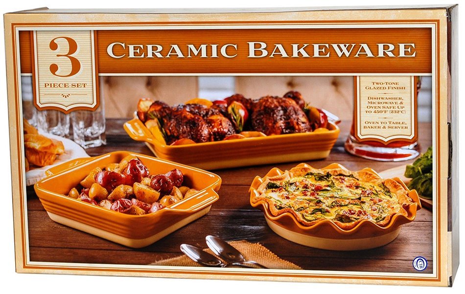 Ceramic Bakeware 3-Piece Set - Square Baker, Pie Plate, Rectangular Baker (Red) N2